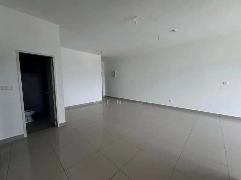 Room features: white painted walls, grey tiled flooring, recessed downlights, 1 wall-mounted split AC, doorway leading to bathroom, open layout, no visible furniture or decor; style: minimalist.