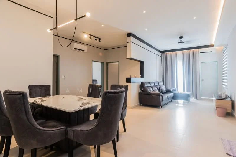 Living features: 3-seater leather sofa in dark brown, 2-seater leather sofa in dark brown, coffee table with marble top, wall-mounted TV, recessed LED downlights, ceiling fan, floor-to-ceiling windows with sheer curtains, light grey walls, light grey tiled flooring, decorative wall panel, sliding glass door, curtains in light grey; style: modern. Dining features: 6-seater dining table with marble top, upholstered dining chairs in dark grey, light grey walls, recessed LED downlights, grey tiled flooring; style: modern.