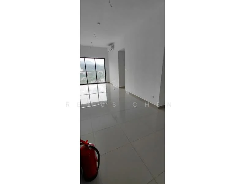 Room features: white painted walls, glossy tile flooring, floor-to-ceiling windows, mountain view, 1 wall-mounted split AC, ceiling lights, fire extinguisher, neutral color scheme; style: modern; view: mountain.