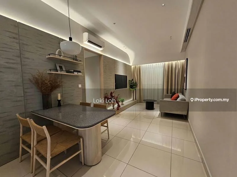 Dining features: grey granite dining table, 4 wooden dining chairs, wall-mounted TV, light wood shelving unit, decorative plants in vase, cream painted walls, recessed downlights, floor-to-ceiling windows with sheer curtains, sofa in light grey fabric, air conditioning unit on wall, tile flooring; style: modern.