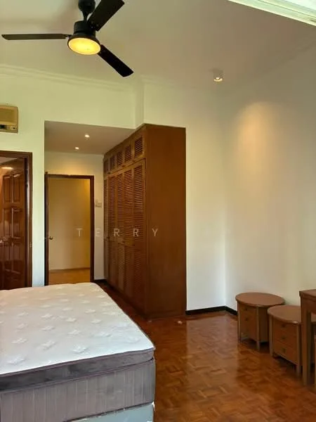 Bedroom features: wooden flooring, white painted walls, 5-blade ceiling fan, built-in wardrobe with wooden doors, two bedside tables, queen-size bed, door leading to hallway, light fixture on ceiling.