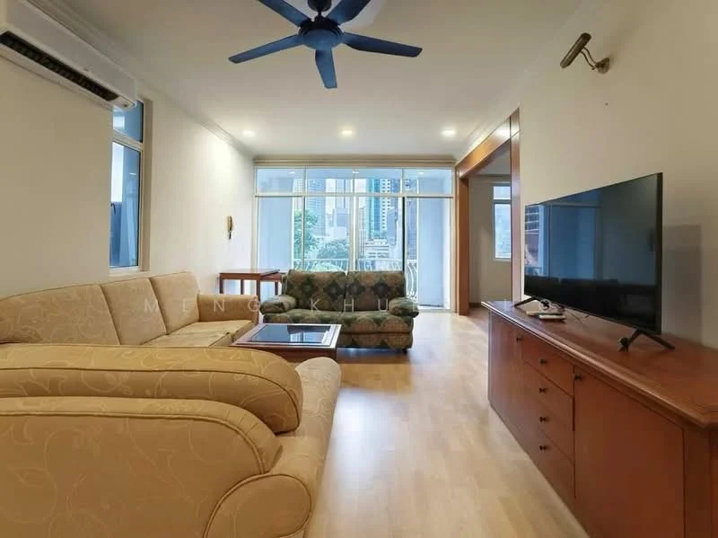 Living features: 3-seater fabric sofa in green, 2-seater fabric sofa in beige, wooden coffee table, TV console with storage, wall-mounted TV, floor-to-ceiling windows, light wooden flooring, 1 wall-mounted split AC, 5-blade ceiling fan with light, decorative wall sconce; style: modern; view: city.