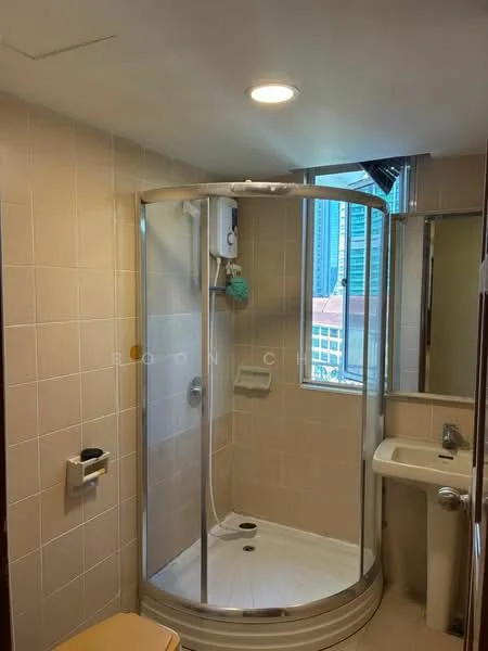 Bathroom features: glass shower enclosure, shower head, wall-mounted shower control, white sink, chrome faucet, mirror above sink, tile walls, tile flooring, window with city view, light fixture in ceiling; style: modern; view: city.