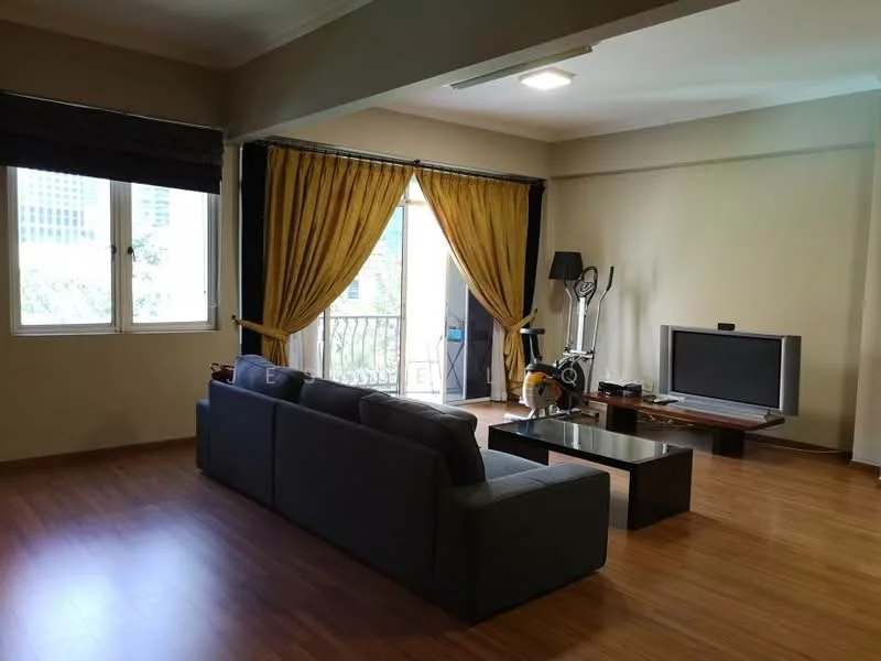 Living features: grey fabric sofa, coffee table, wall-mounted TV, wooden flooring, floor-to-ceiling windows, blackout curtains, yellow drapes, exercise bike, light fixture in ceiling; style: modern; view: garden.