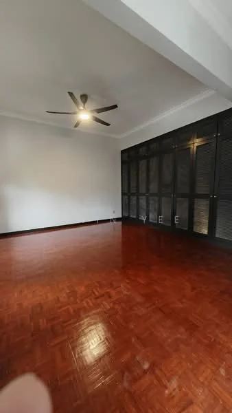 Room features: wooden flooring, 5-blade ceiling fan with light, white painted walls, black louvered windows, high ceiling, natural light from windows; style: modern.