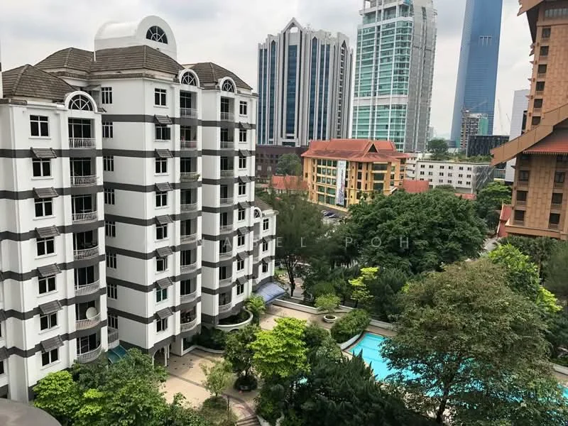 Exterior type: mid-rise condominium; features: white painted facade, balconies with railings, landscaped garden with trees, swimming pool, surrounding high-rise buildings, manicured lawn, pool deck with loungers; style: modern.