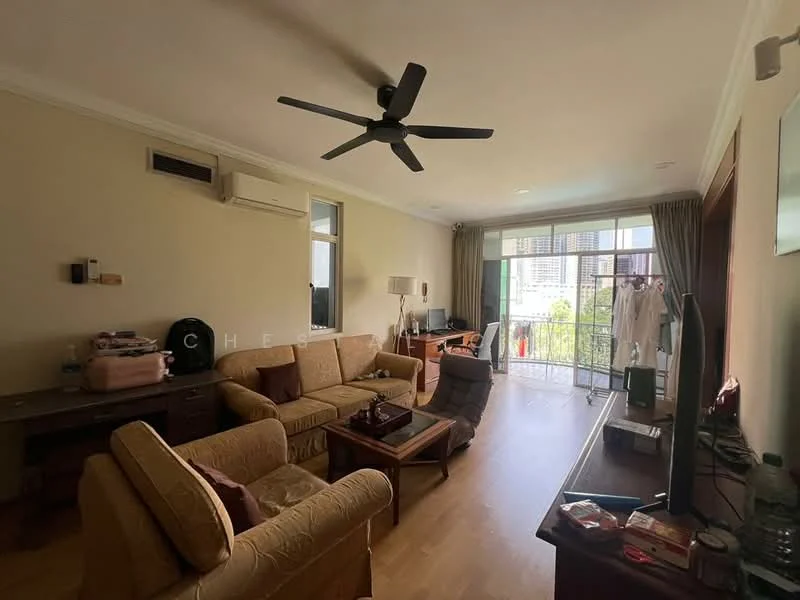 Living features: 3-seater fabric sofa in beige, 2-seater fabric sofa, wood coffee table, TV console, wall-mounted TV, ceiling fan, floor-to-ceiling windows, sliding glass door, wooden flooring, decorative items on table, curtains, air conditioning unit; style: modern; view: city.