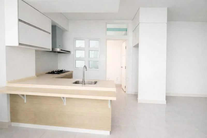 Kitchen features: white cabinetry with flat-panel doors, light wood countertop, stainless-steel sink, chrome pull-down faucet, built-in gas hob, white tiled backsplash, grey ceramic tile flooring, recessed downlights, floor-to-ceiling windows, open layout, neutral wall colour, minimalist design; style: modern. Room features: white walls, doorway leading to another room, light-coloured flooring.
