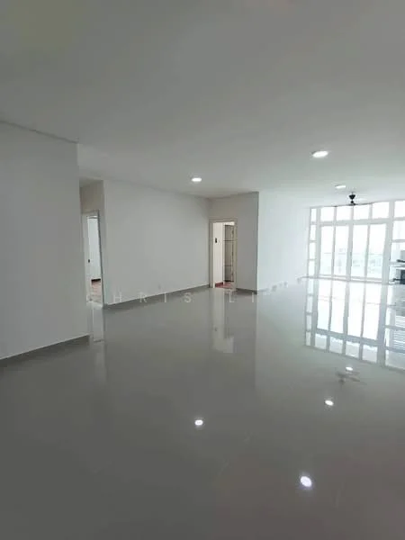 Room features: white painted walls, glossy grey tile flooring, recessed downlights, large floor-to-ceiling windows, open layout, natural light, smooth ceiling, no visible furniture; style: modern; view: city.