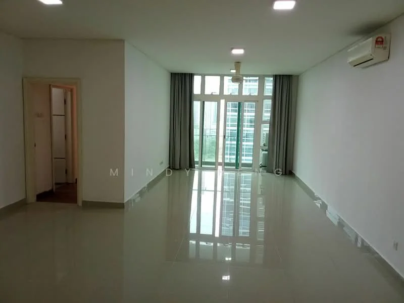 Living features: white painted walls, glossy ceramic tile flooring, recessed downlights, 5-blade ceiling fan, floor-to-ceiling windows, sliding glass door, grey curtains, air conditioning unit; style: modern; view: city. Room features: white painted walls, glossy ceramic tile flooring, doorway leading to another room.