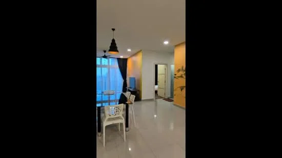 Living features: white painted walls, yellow accent wall, polished tile flooring, ceiling light fixture, hanging pendant light, floor-to-ceiling windows with sheer curtains, dining table with chairs, TV console, wall-mounted TV; style: modern. Room features: doorway leading to bathroom, light-colored walls, neutral flooring.
