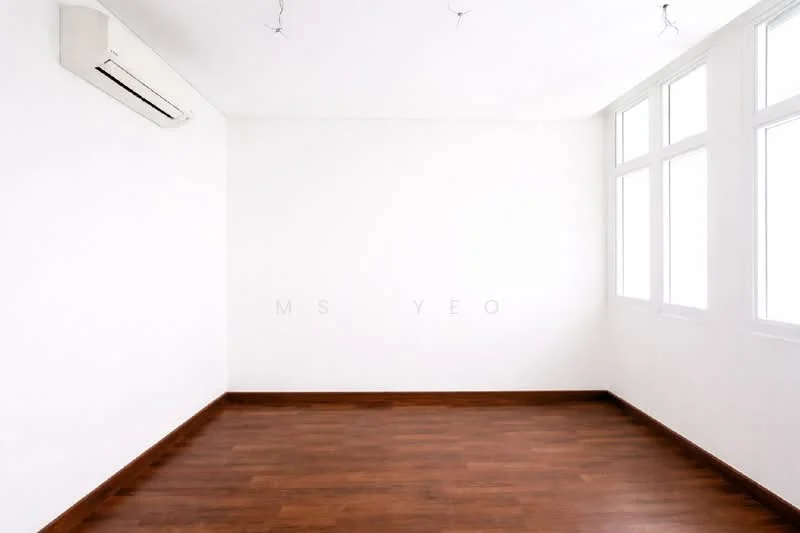 Room features: white painted walls, wooden flooring, 1 wall-mounted split AC, large windows, no visible furniture or decor; style: minimalist.