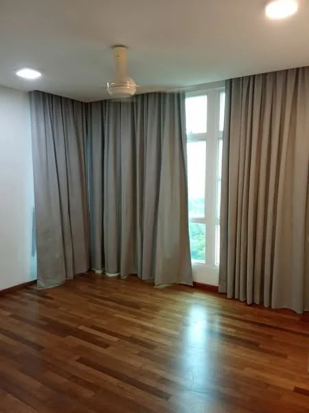 Room features: wooden flooring, light grey curtains, ceiling fan, large windows, white painted walls, recessed lighting; style: modern; view: garden.