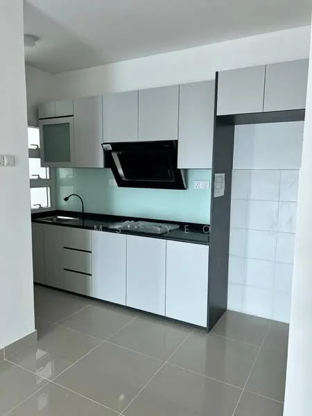 Kitchen features: black countertop, white cabinetry with flat-panel doors, built-in oven, stainless-steel range hood, single-bowl stainless-steel sink, chrome pull-down faucet, ceramic tile backsplash, grey wall tiles, grey floor tiles, under-cabinet lighting, window for natural light; style: modern.