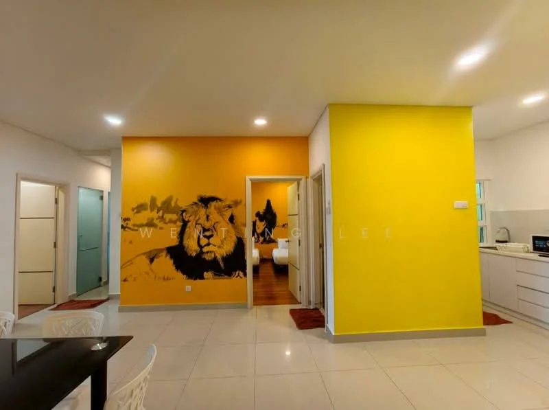 Room features: yellow accent wall with lion mural, white painted walls, glossy tile flooring, recessed downlights, open layout, doorway leading to other rooms, kitchen area visible in background, dining table with white chairs; style: modern.
