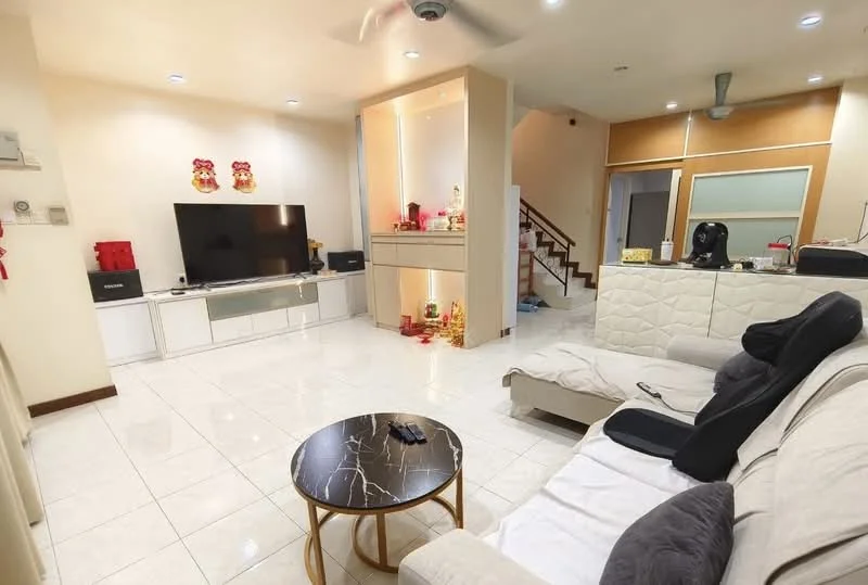 Living features: white painted walls, glossy ceramic tile flooring, recessed downlights, wall-mounted TV, white entertainment unit, black coffee table with marble top, 3-seater fabric sofa in beige, 2-seater fabric sofa in white, decorative items on shelves, staircase with wooden handrail, ceiling fan; style: modern.