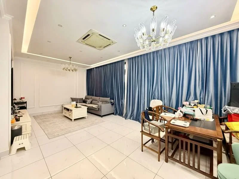 Living features: grey fabric sofa, white coffee table, area rug, dining table with chairs, white ceiling with recessed lighting, chandelier, wall-mounted air conditioning unit, floor-to-ceiling blue curtains, white tiled flooring; style: modern.