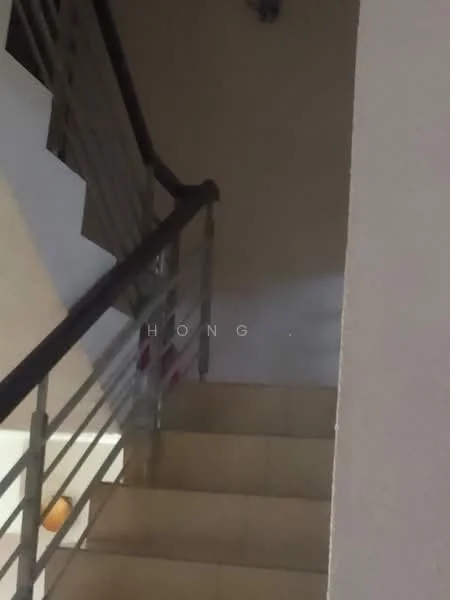 Room features: staircase with metal railing, tiled flooring, neutral wall color, light fixture on ceiling; style: modern.