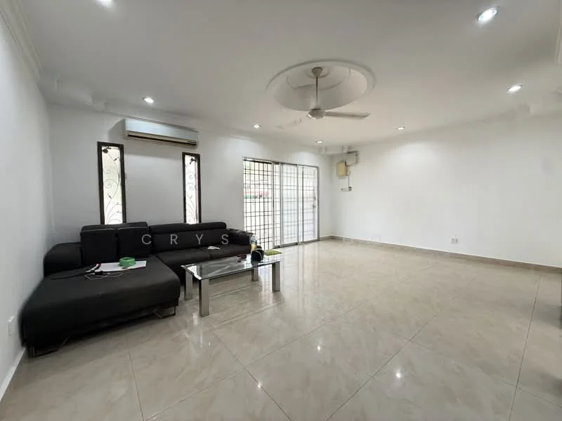 Living features: grey L-shape sectional sofa, glass coffee table, white painted walls, cream tiled flooring, ceiling fan, recessed downlights, window with security bars, air conditioning unit; style: modern.