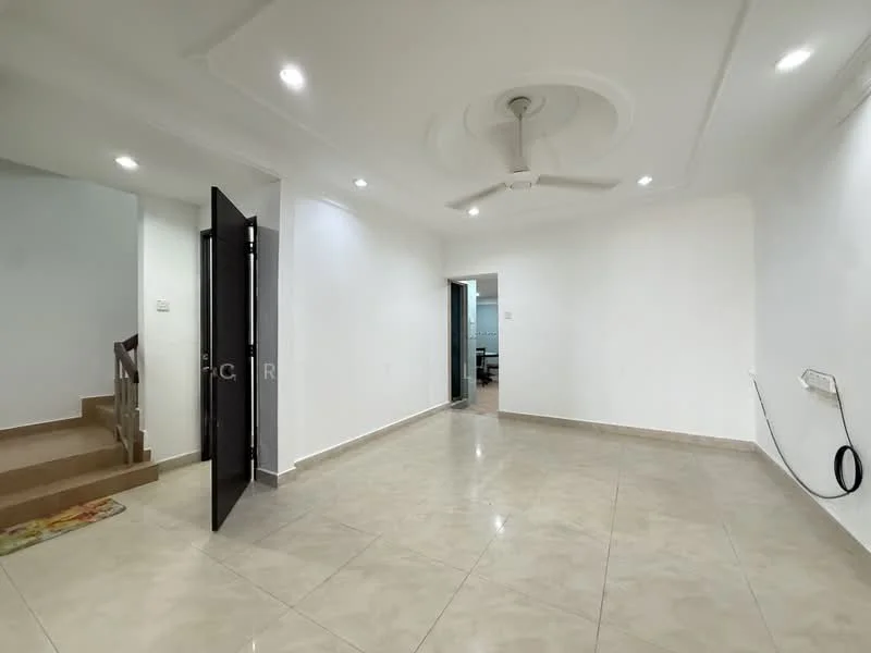 Living features: white painted walls, polished ceramic tile flooring, 5-blade ceiling fan with light, recessed downlights, crown moulding, open layout, door leading to staircase, door leading to hallway; style: modern.