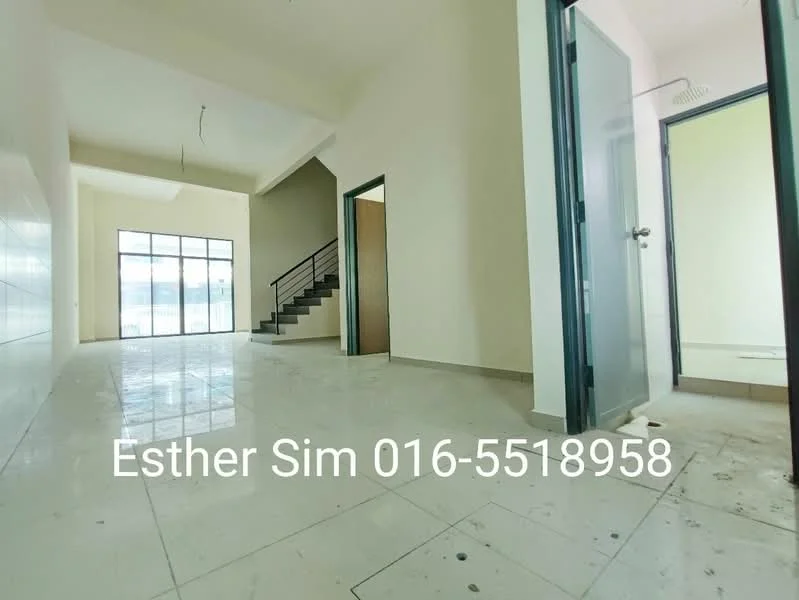 Room features: white painted walls, glossy tile flooring, staircase with metal railing, large windows for natural light, door leading to bathroom, open layout, high ceiling, neutral color scheme; style: modern.