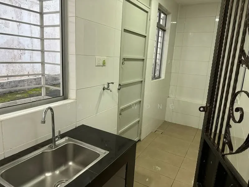 Laundry features: single-bowl stainless-steel sink, black granite countertop, white tiled walls, cream tiled flooring, window with metal grille, door with metal grille, bathtub, exposed wall, natural light from window; style: modern.