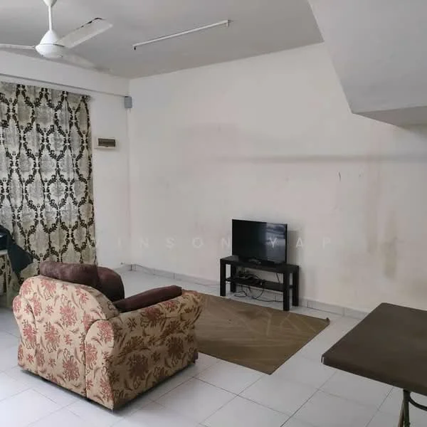 Living features: 3-seater fabric sofa with floral pattern, TV console, wall-mounted TV, area rug, ceiling fan, white painted walls, tiled flooring, curtains with floral pattern.