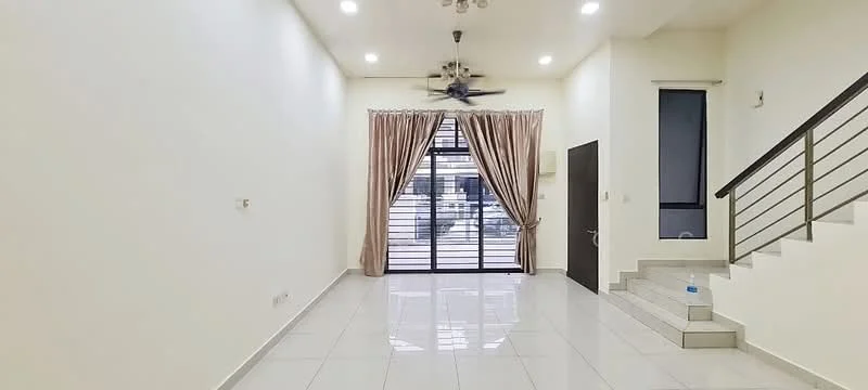 Living features: white painted walls, glossy tile flooring, 5-blade ceiling fan with light, large sliding glass door, floor-to-ceiling windows, curtains in beige, staircase with metal railing, recessed downlights; style: modern.