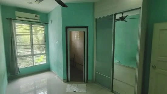 Room features: turquoise painted walls, white ceiling, 5-blade ceiling fan, floor-to-ceiling windows, sliding glass door, glossy tile flooring, built-in wardrobe with sliding doors, curtains on windows; style: modern; view: garden.