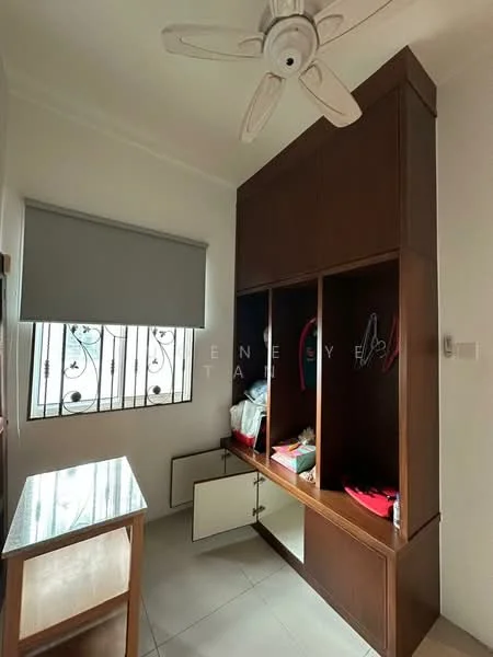 Room features: ceiling fan, window with security grille, grey roller blinds, built-in wooden storage unit, open shelving, white painted walls, tile flooring, countertop surface; style: modern.