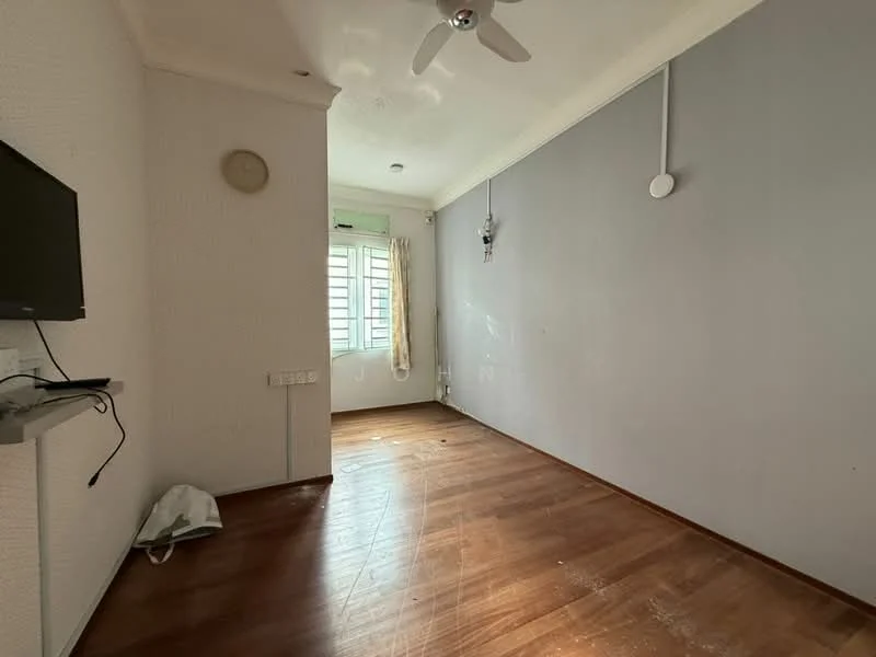 Room features: light wood flooring, grey painted walls, ceiling fan, window with sheer curtains, wall-mounted TV, wall clock, baseboard, power outlets; style: minimalist.