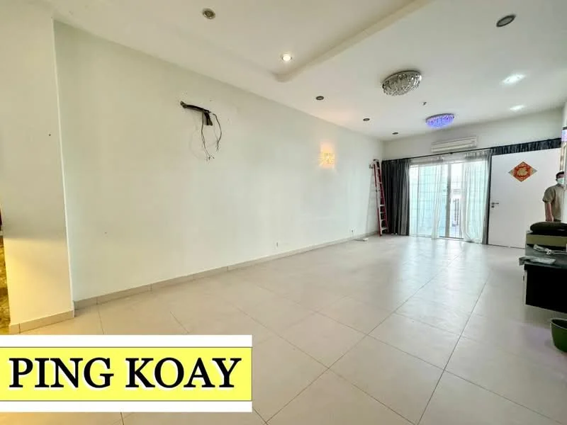 Living features: white painted walls, tile flooring, recessed downlights, chandelier, floor-to-ceiling windows, sliding glass door, curtains, air conditioning unit, open layout, ladder visible, decorative wall feature; style: modern.