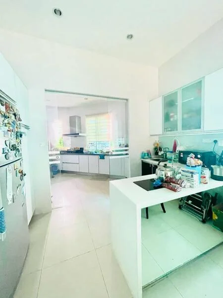 Kitchen features: white cabinetry, stainless-steel fridge, ceramic tile flooring, white countertop, built-in oven, freestanding range oven, sink, window with blinds, open layout, kitchen island, multiple kitchen appliances, wall-mounted shelves; style: modern.