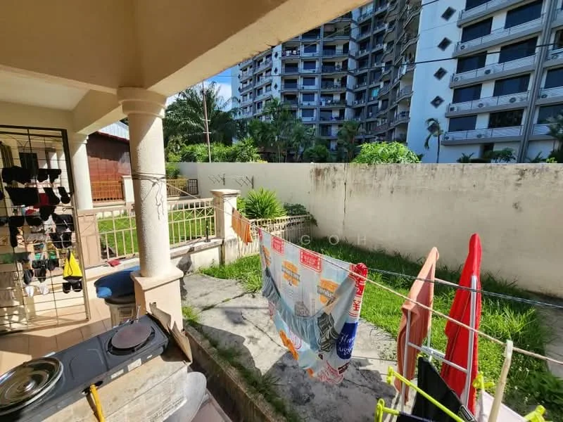 Laundry features: washing machine, clothesline, outdoor space, concrete flooring, fenced area, garden view, clothes drying rack; view: garden.