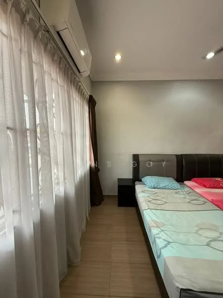 Bedroom features: wooden flooring, grey painted walls, floor-to-ceiling windows, sheer curtains, dark brown curtains, queen-size bed with pink bedding, queen-size bed with blue bedding, black bedside table, wall-mounted air conditioning unit, recessed ceiling lights; style: modern.