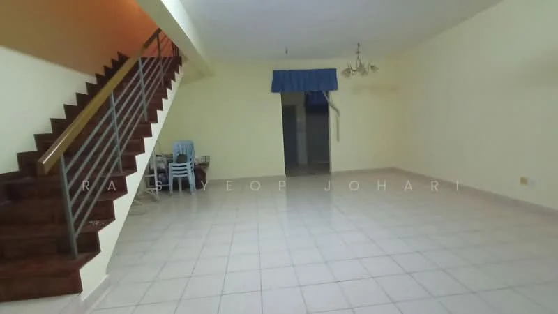 Room features: cream painted walls, tile flooring, staircase with wooden steps and metal railing, ceiling with chandelier, window with blue curtain, open space layout, empty area, light fixtures.
