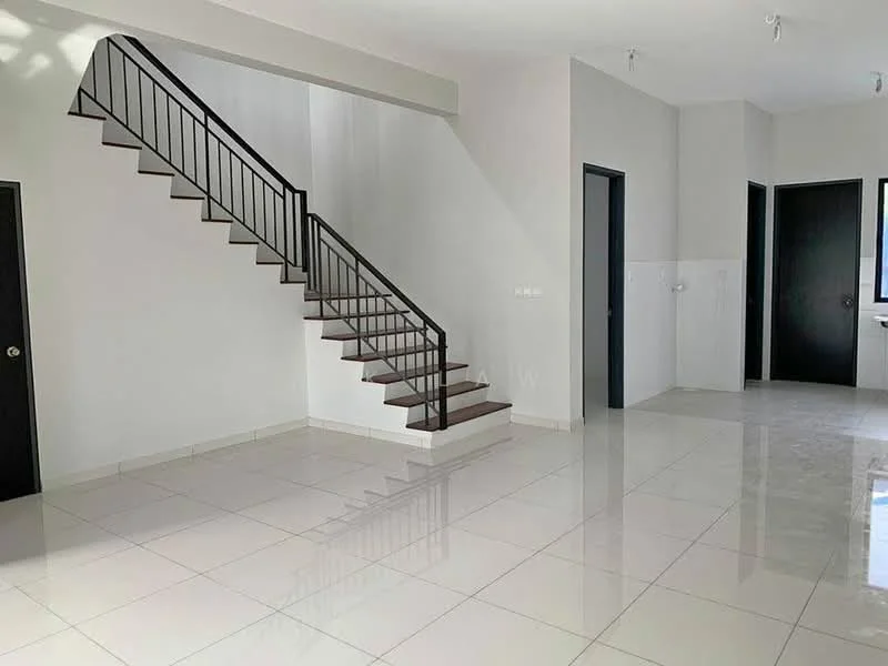 Room features: white painted walls, polished ceramic tile flooring, staircase with black metal railing, open space layout, large windows, neutral color scheme, high ceiling, recessed lighting; style: modern.