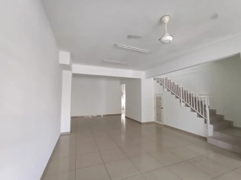 Living features: white painted walls, tile flooring, ceiling fan, staircase with white railing, large windows, neutral color scheme, recessed lighting, open layout; style: modern.