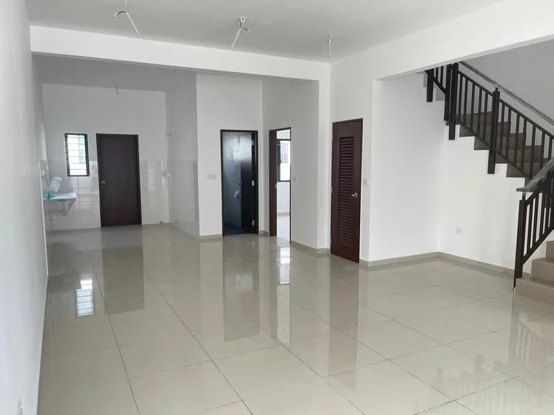 Living features: white painted walls, glossy ceramic tile flooring, recessed downlights, staircase with wooden railing, open layout, large windows, door leading to another room, door leading to bathroom, corner space for furniture; style: modern. Room features: white painted walls, glossy ceramic tile flooring, large window, door leading to hallway.