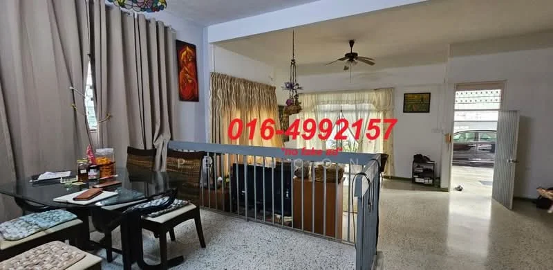 Living features: cream painted walls, exposed concrete ceiling, ceiling fan, large windows with sheer curtains, sliding glass door, light-colored flooring, decorative wall art, sofa, coffee table, dining table with chairs, open layout, railings, area rug; style: modern.