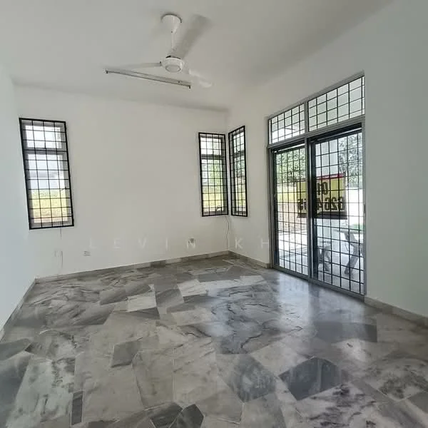 Room features: marble flooring, white painted walls, 5-blade ceiling fan, floor-to-ceiling windows, sliding glass door, grid-pattern window treatments, natural light from multiple windows; style: modern; view: garden.