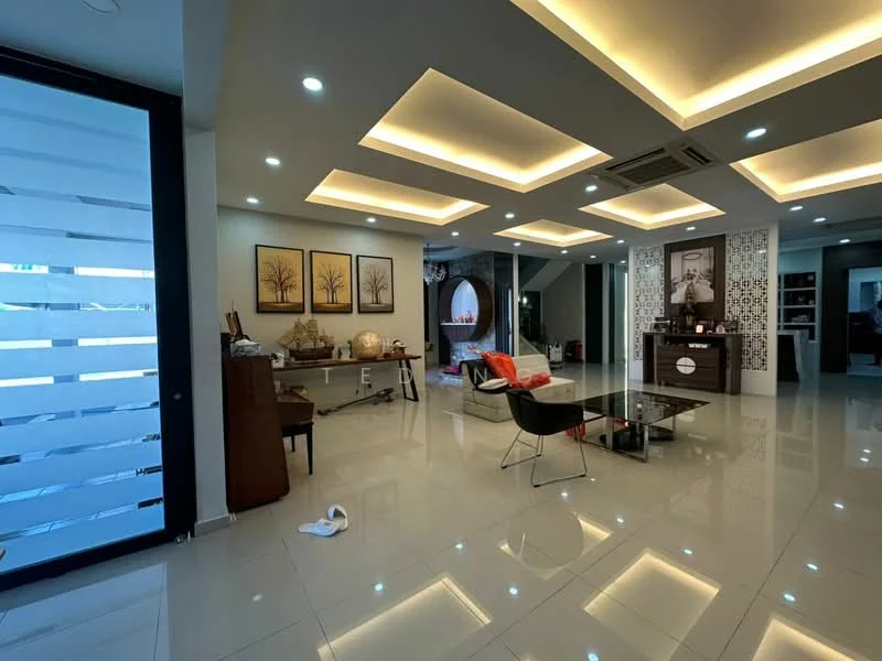 Living features: glossy porcelain tile flooring, tray ceiling with recessed lighting, modern ceiling lights, large glass door, decorative wall with patterned tiles, coffee table with glass top, sofa with red throw pillow, artwork on walls, wooden side table, open layout, neutral wall color, area rug, air conditioning unit; style: modern.