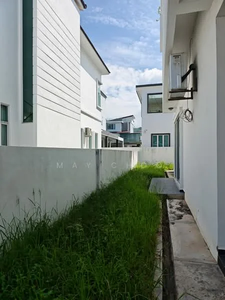 Exterior type: detached bungalow; features: white painted facade, flat roof, two-storey building, large windows, concrete pathway, overgrown grass, fenced side yard, minimal landscaping; style: modern.