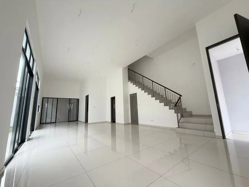 Room features: white painted walls, large floor-to-ceiling windows, grey tiled flooring, staircase with metal railing, recessed ceiling lights, open layout, double doors, high ceiling; style: modern; view: garden.