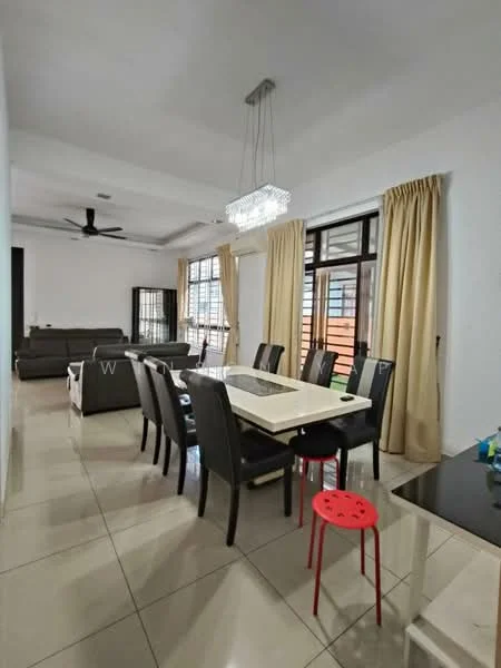 Dining features: dining table with white surface, 8 upholstered dining chairs in black, chandelier with crystals, 5-blade ceiling fan with light, cream curtains, large windows, polished tile flooring, wall-mounted TV, sofa in grey fabric, decorative wall art; style: modern. Living features: sofa in grey fabric, coffee table, large windows, polished tile flooring; style: modern.
