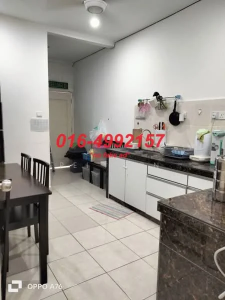 Kitchen features: dark granite countertop, white cabinetry, stainless-steel sink, chrome pull-down faucet, built-in oven, freestanding range oven, ceramic tile flooring, wall-mounted cabinets, open shelving, recessed downlights, dining table with chairs, kitchen utensils on wall; style: modern.