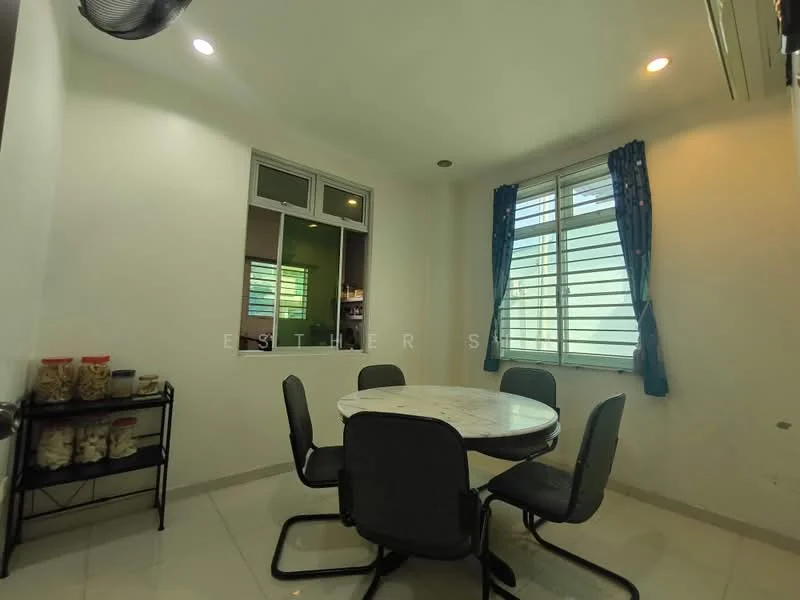 Dining features: round marble dining table, 4 upholstered dining chairs, white painted walls, glossy tile flooring, floor-to-ceiling window, blue curtains, wall-mounted air conditioning unit, open shelving unit with jars; style: modern.