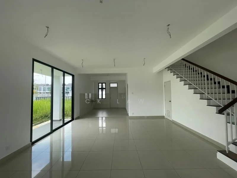 Living features: white painted walls, glossy ceramic tile flooring, large floor-to-ceiling windows, sliding glass door, open layout, recessed downlights, staircase with wooden handrail, high ceiling; style: modern; view: garden.