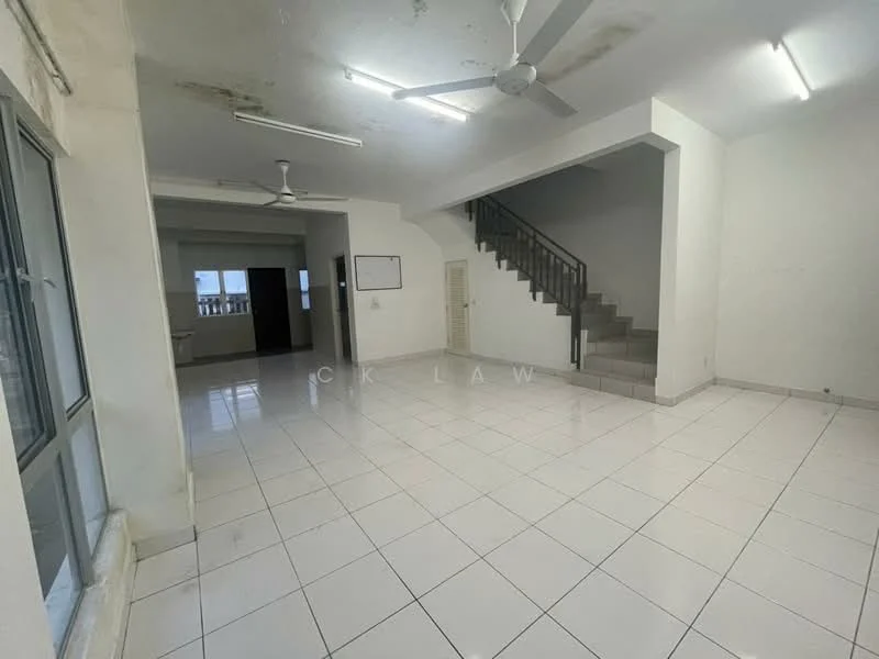 Living features: white painted walls, white tiled flooring, ceiling fan, large windows, staircase, open layout, natural light, neutral decor; style: modern. Room features: white painted walls, white tiled flooring, ceiling fan, doorway leading to another room.