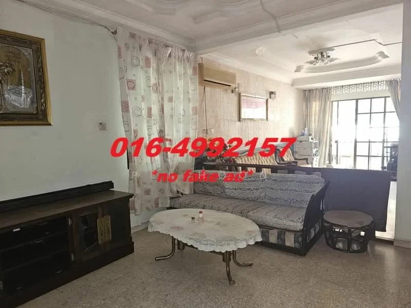 Living features: sofa with patterned upholstery, coffee table with lace trim, TV console, wall-mounted air conditioning unit, curtains with geometric pattern, decorative wall art, ceiling with crown moulding, light fixture with ceiling rose, exposed concrete walls, flooring with speckled tiles; style: traditional.
